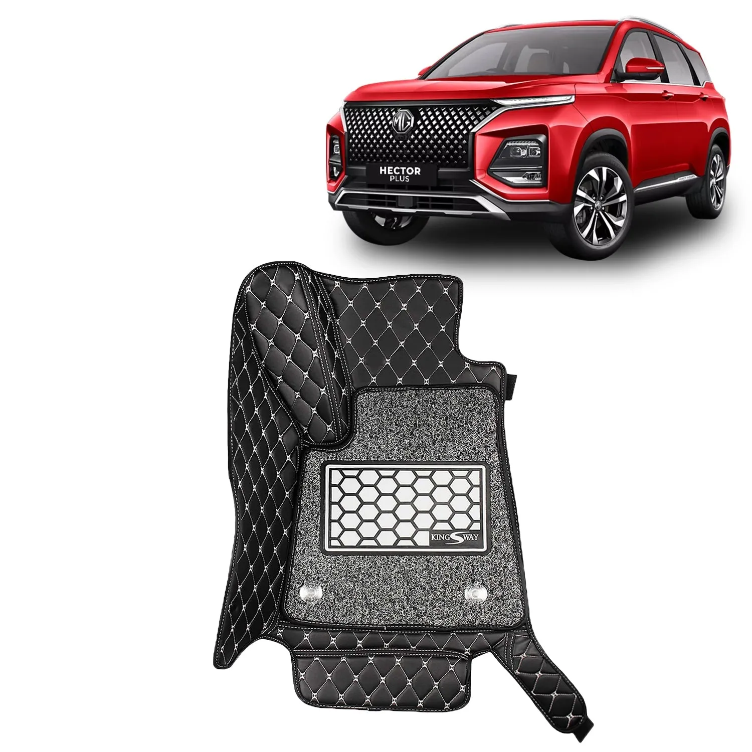 KINGSWAY® Hector Plus 7D Car Mat for (Year 2020 Onwards), Compatible with Morris Garages (MG) Hector Plus 7 Seater Car Floor Mats, Set of 4 Pcs, Top-Notch PU Leatherette 7D Foot Mats, Washable, Black