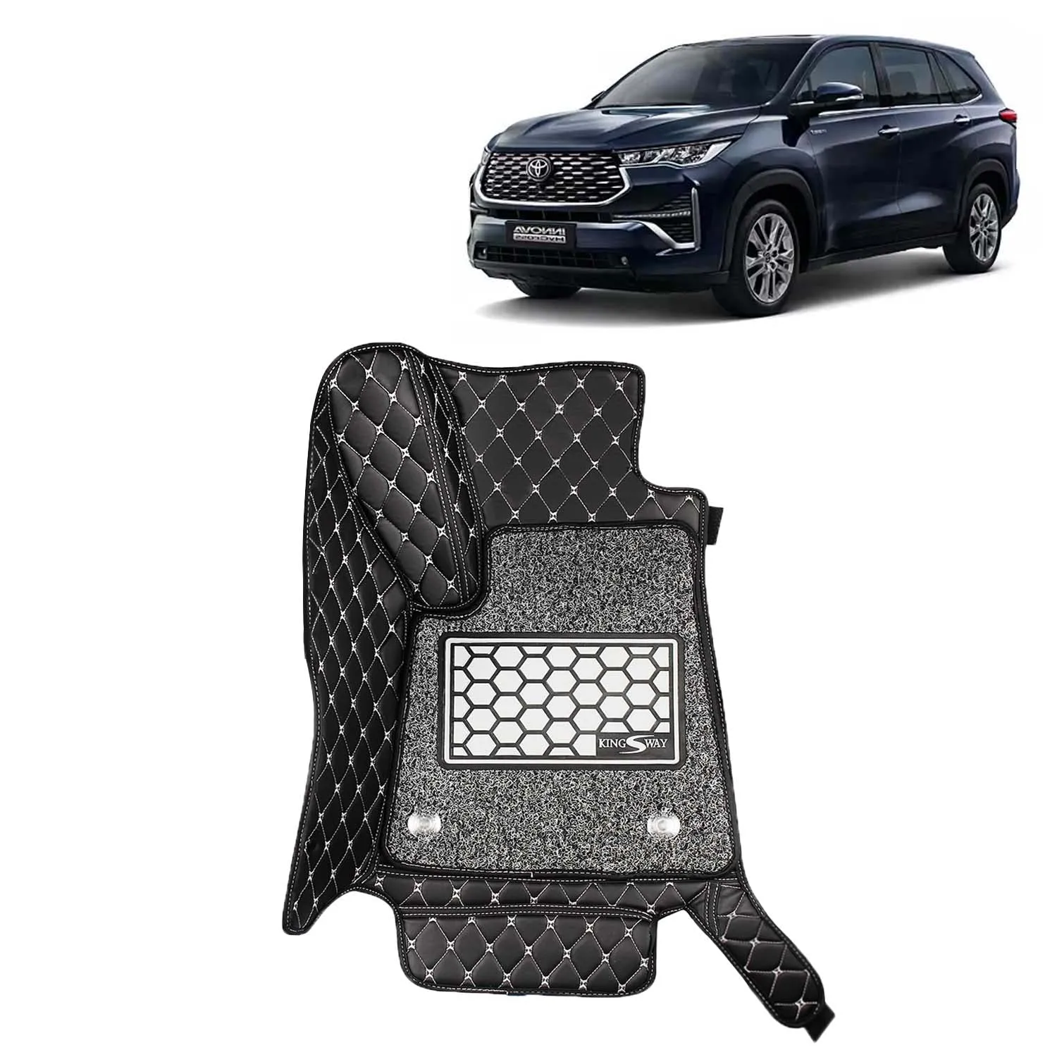 KINGSWAY® Innova Hycross 7D Car Mat for (Year 2023 Onwards), Compatible with Toyota Innova Hycross 7 Seater Car Floor Mats, Complete Set of 4 Pcs, Top-Notch PU Leatherette 7D Foot Mats Washable, Black