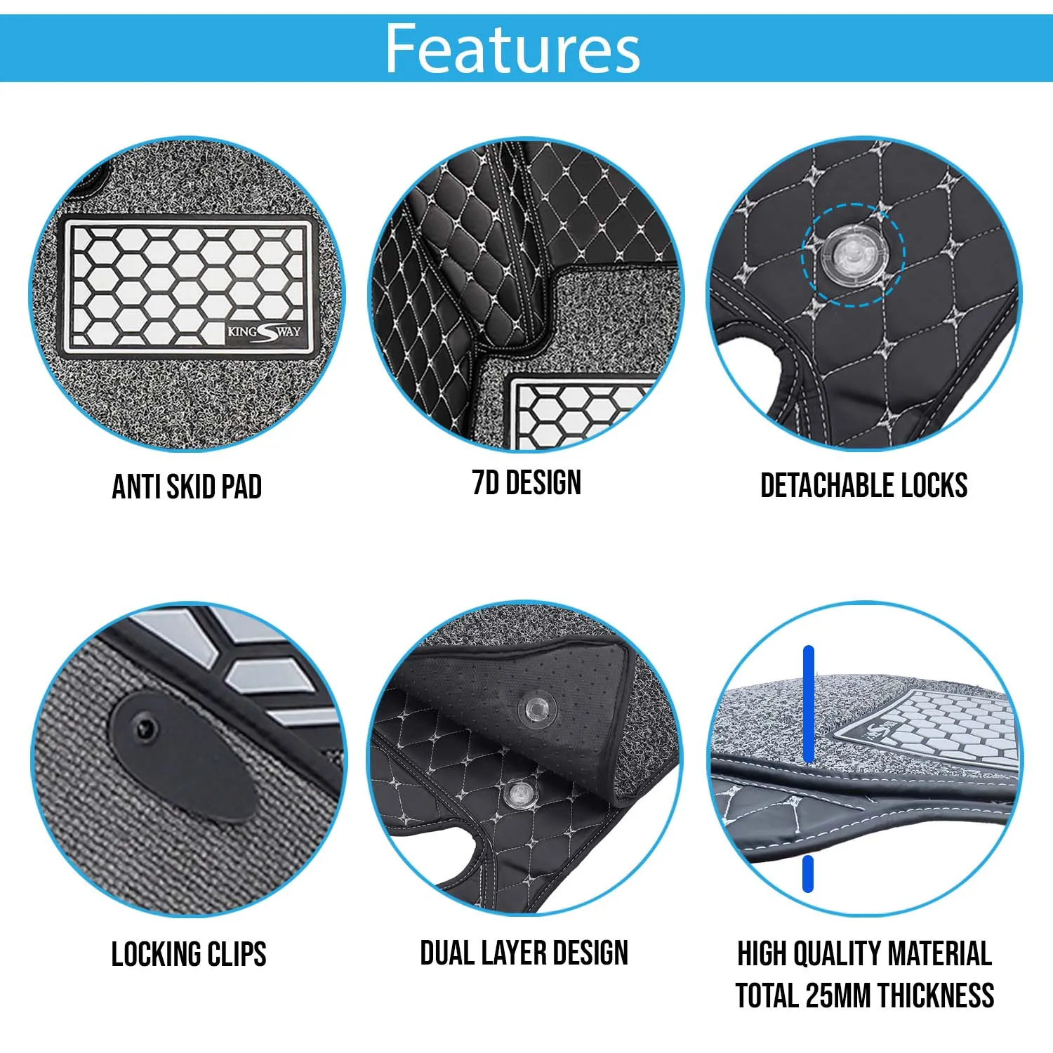 KINGSWAY® Innova Hycross 7D Car Mat for (Year 2023 Onwards), Compatible with Toyota Innova Hycross 7 Seater Car Floor Mats, Complete Set of 4 Pcs, Top-Notch PU Leatherette 7D Foot Mats Washable, Black