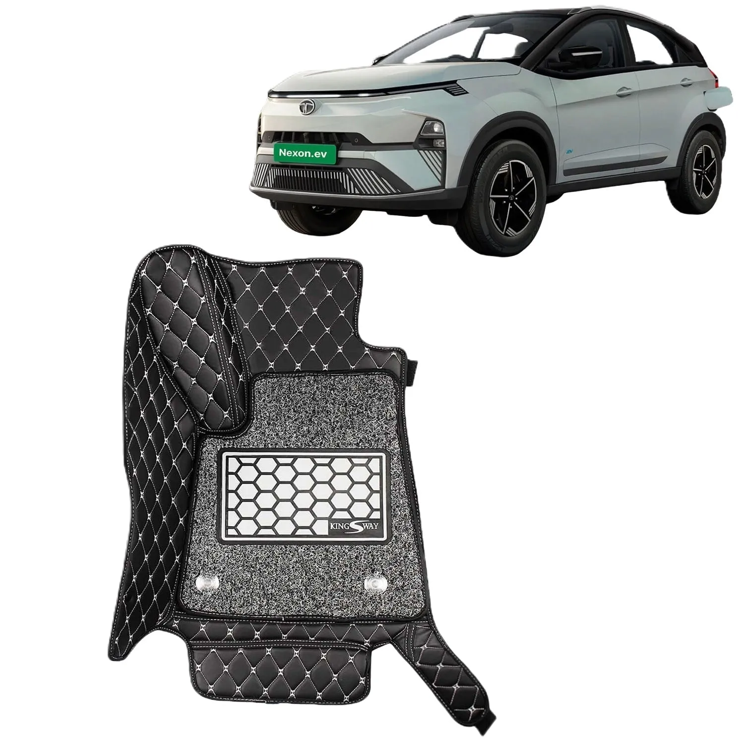 KINGSWAY® Nexon EV 7D Car Mat for (Year 2023 Onwards), Compatible with Tata Nexon EV Car Floor Mats, Complete Set of 3 Pieces, Top-Notch PU Leatherette 7D Foot Mats, Washable, Black