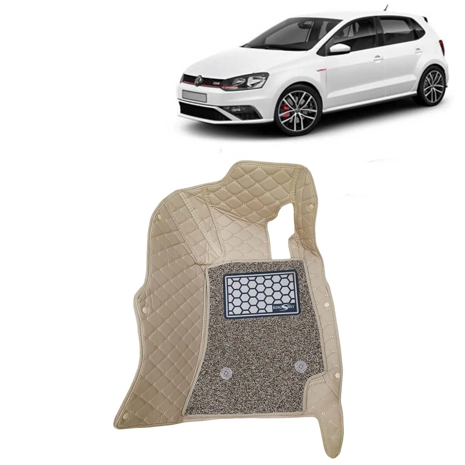 KINGSWAY® Polo GT 7D Car Mat for (Year 2012 to 2022), Compatible with Volkswagen Polo GT Car Floor Mats, Complete Set of 3 Pieces, Top-Notch PU Leatherette 7D Foot Mats, Washable, Beige