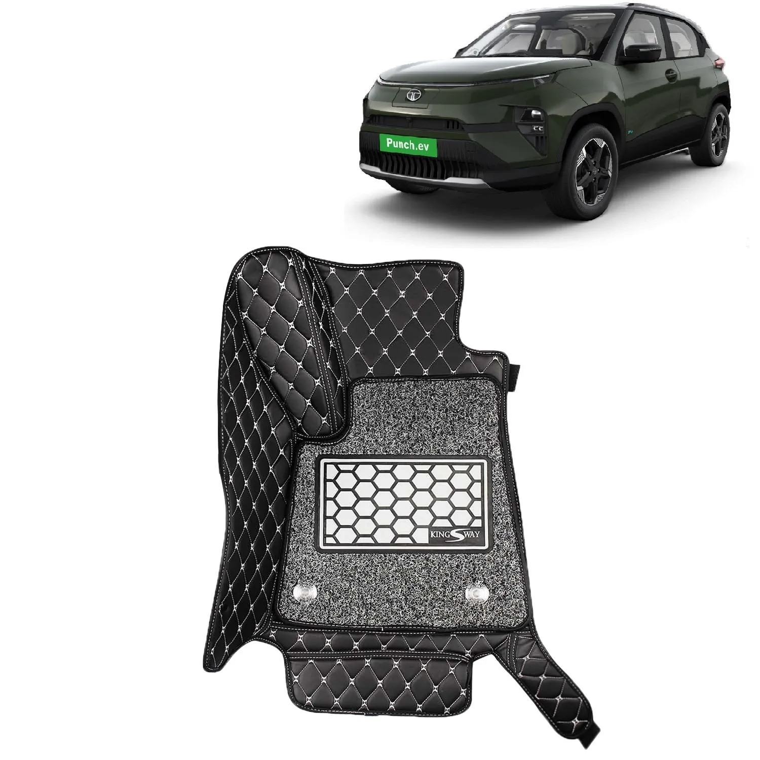 KINGSWAY® Punch EV 7D Car Mat for (Year 2024 Onwards), Compatible with Tata Punch EV Car Floor Mats, Complete Set of 3 Pieces, Top-Notch PU Leatherette 7D Foot Mats, Washable, Black