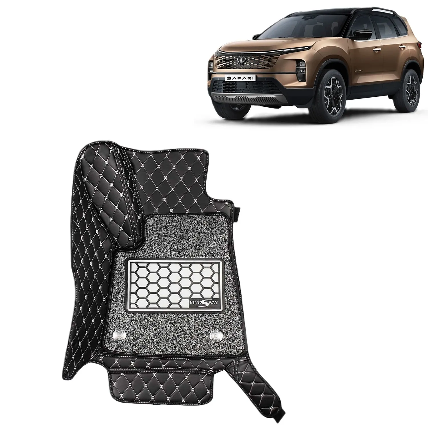 KINGSWAY® Safari 7D Car Mat for (Year 2023 Onwards), Compatible with Tata Safari 6 Seater Car Floor Mats, Complete Set of 4 Pieces, Top-Notch PU Leatherette 7D Foot Mats, Washable, Black