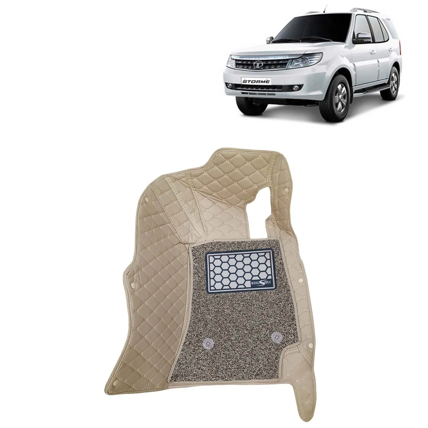 KINGSWAY® Safari Storme 7D Car Mat for (Year 2012 to 2020), Compatible with Tata Safari Storme Car Floor Mats, Complete Set of 4 Pieces, Top-Notch PU Leatherette 7D Foot Mats, Washable, Beige