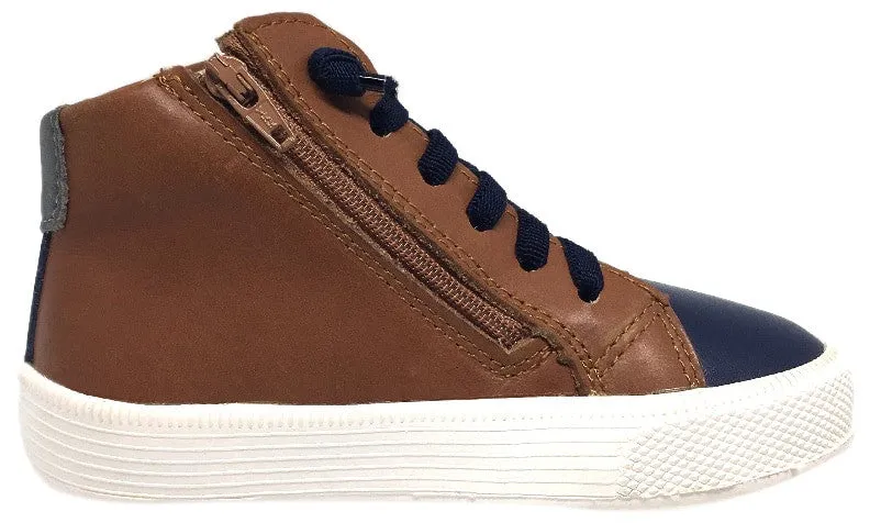 Old Soles Boy's and Girl's Tan Navy Leather Top Shelf High Top Stripe Lace Up Zipper Slip On Sneaker