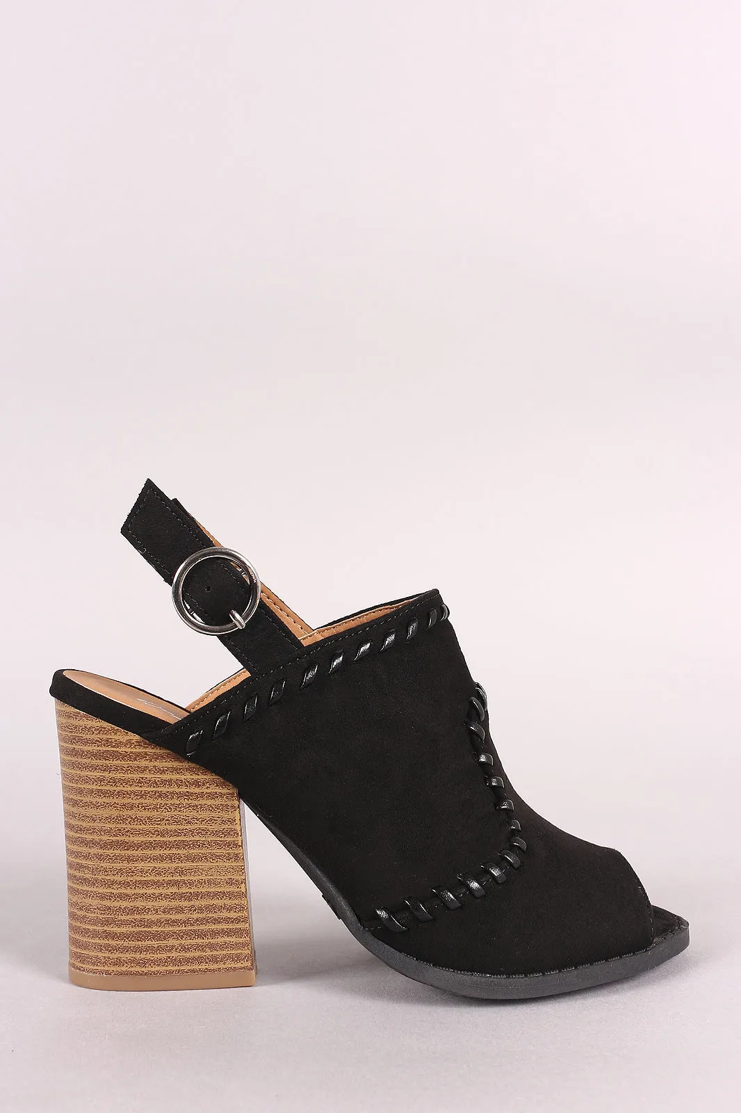 Qupid Stitched Peep Toe Slingback Chunky Heel Mule