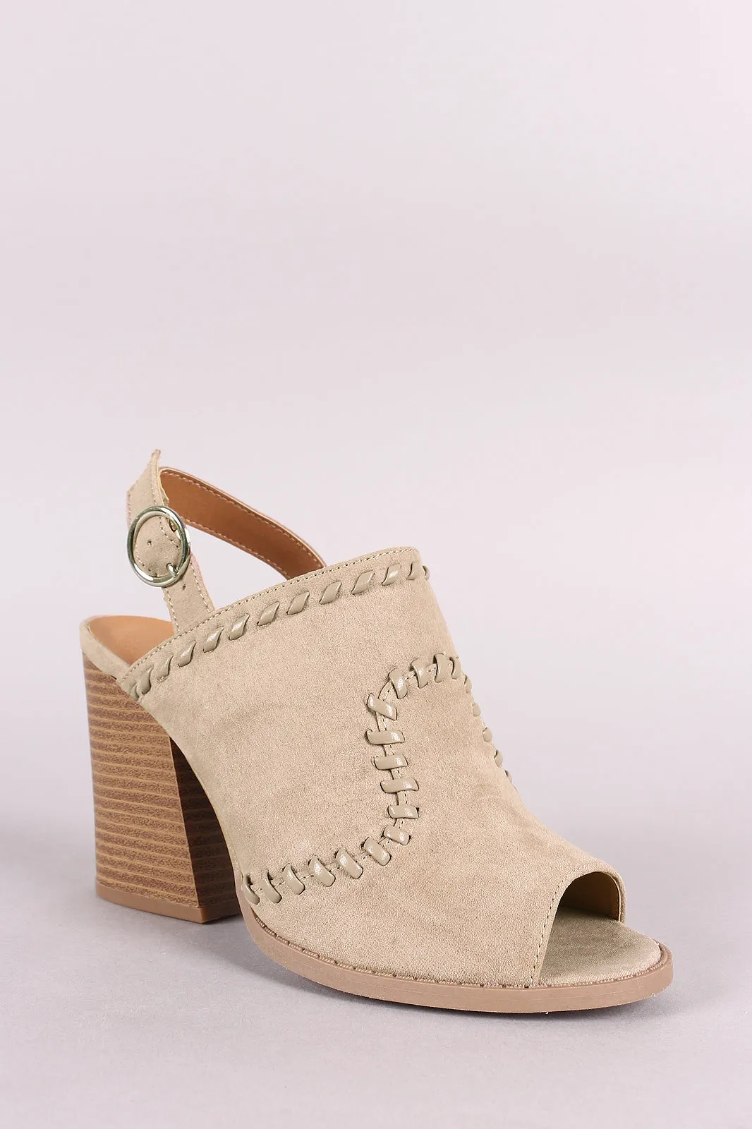 Qupid Stitched Peep Toe Slingback Chunky Heel Mule