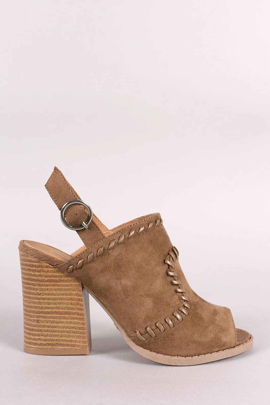 Qupid Stitched Peep Toe Slingback Chunky Heel Mule