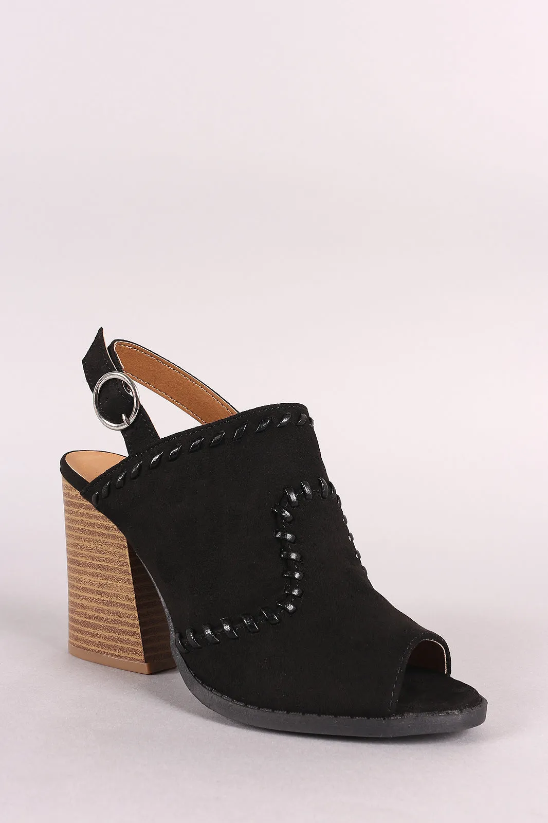 Qupid Stitched Peep Toe Slingback Chunky Heel Mule