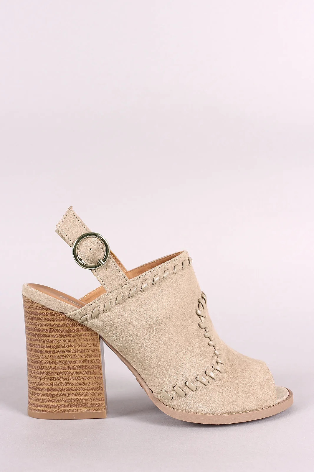 Qupid Stitched Peep Toe Slingback Chunky Heel Mule