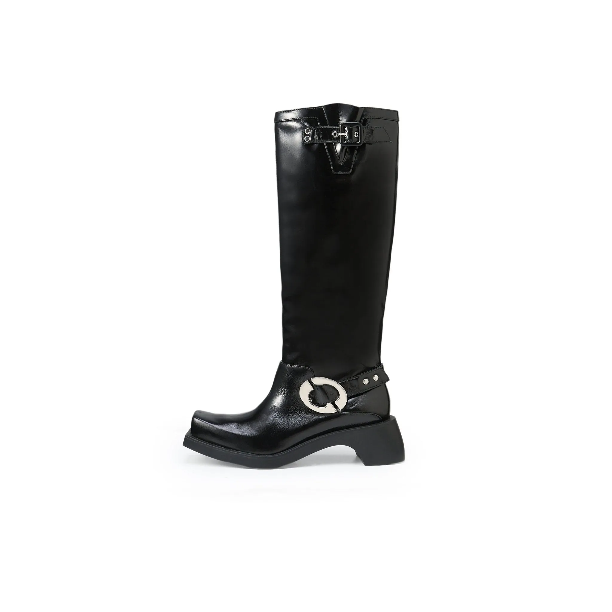 Shaped Square Straight Leg Motorcycle Boots In Black
