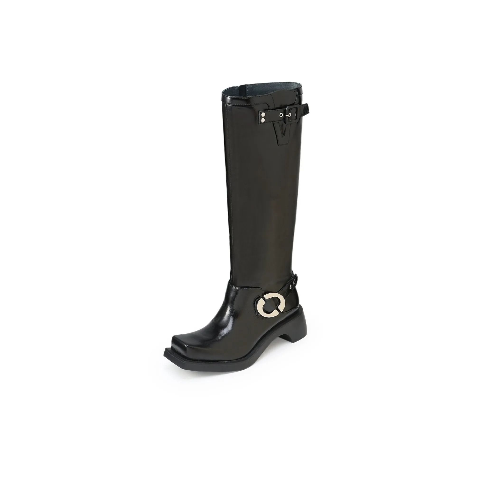 Shaped Square Straight Leg Motorcycle Boots In Black