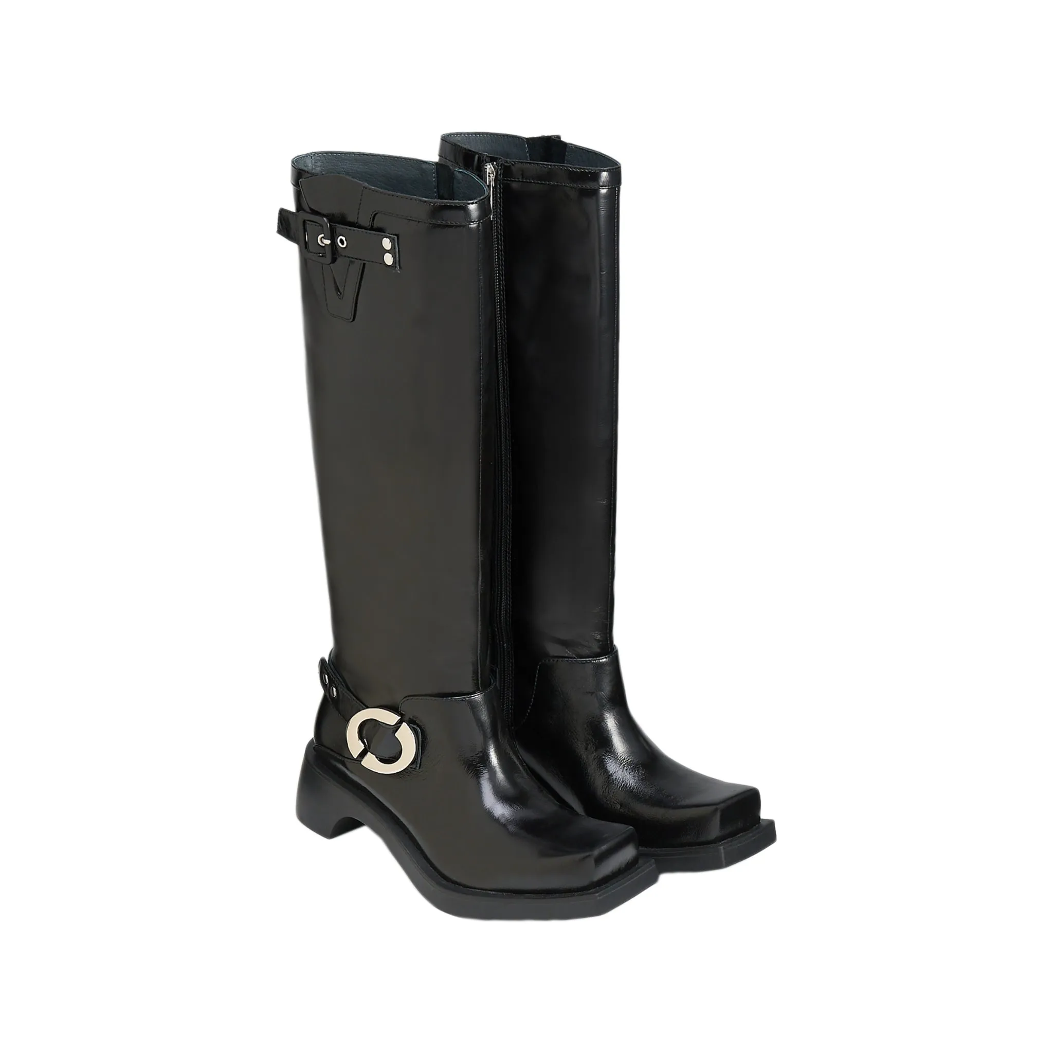 Shaped Square Straight Leg Motorcycle Boots In Black