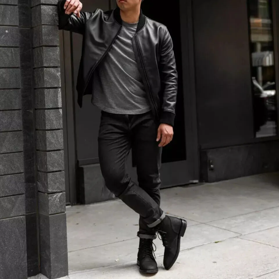 Turo Genuine Real Leather Jacket Men Black Biker Motorcycle