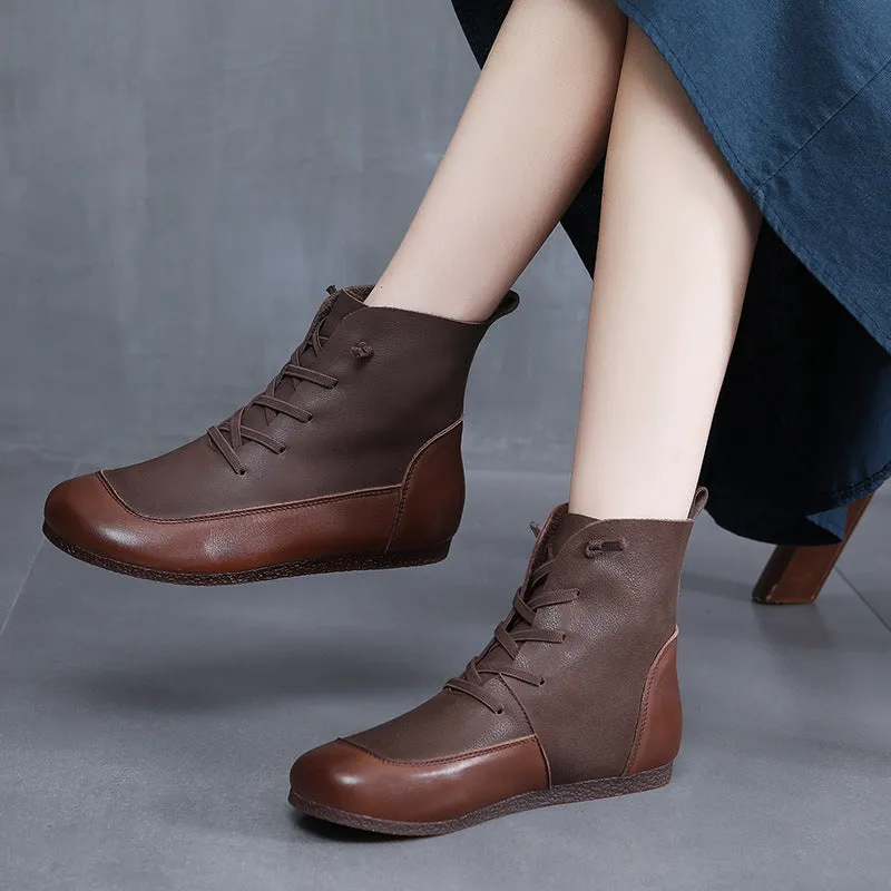 Womens Handmade Lace-up Retro Color Matching Leather Flat Boots
