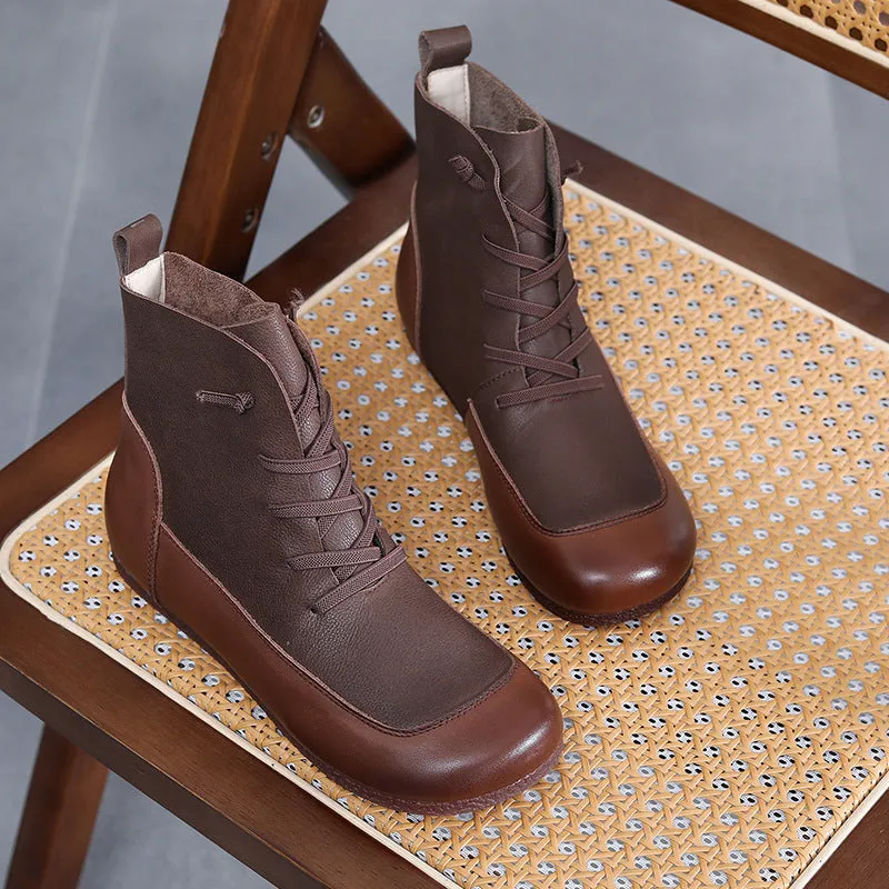 Womens Handmade Lace-up Retro Color Matching Leather Flat Boots