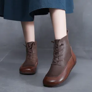 Womens Handmade Lace-up Retro Color Matching Leather Flat Boots