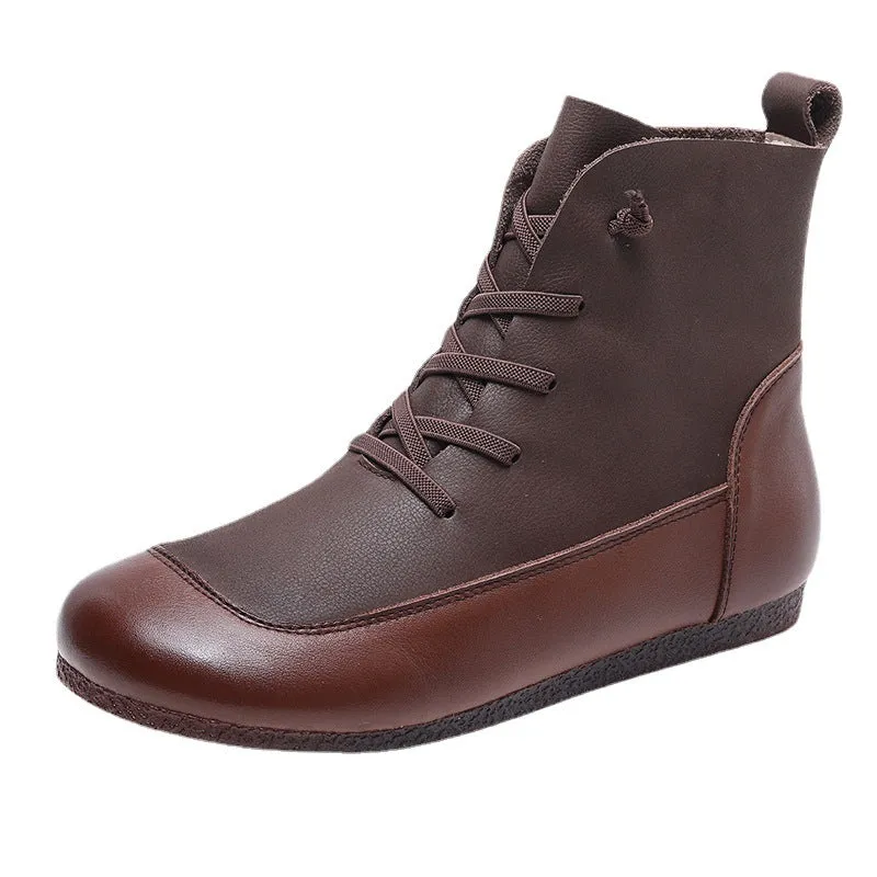 Womens Handmade Lace-up Retro Color Matching Leather Flat Boots