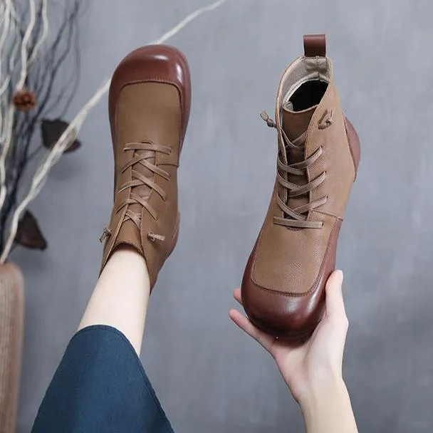 Womens Handmade Lace-up Retro Color Matching Leather Flat Boots