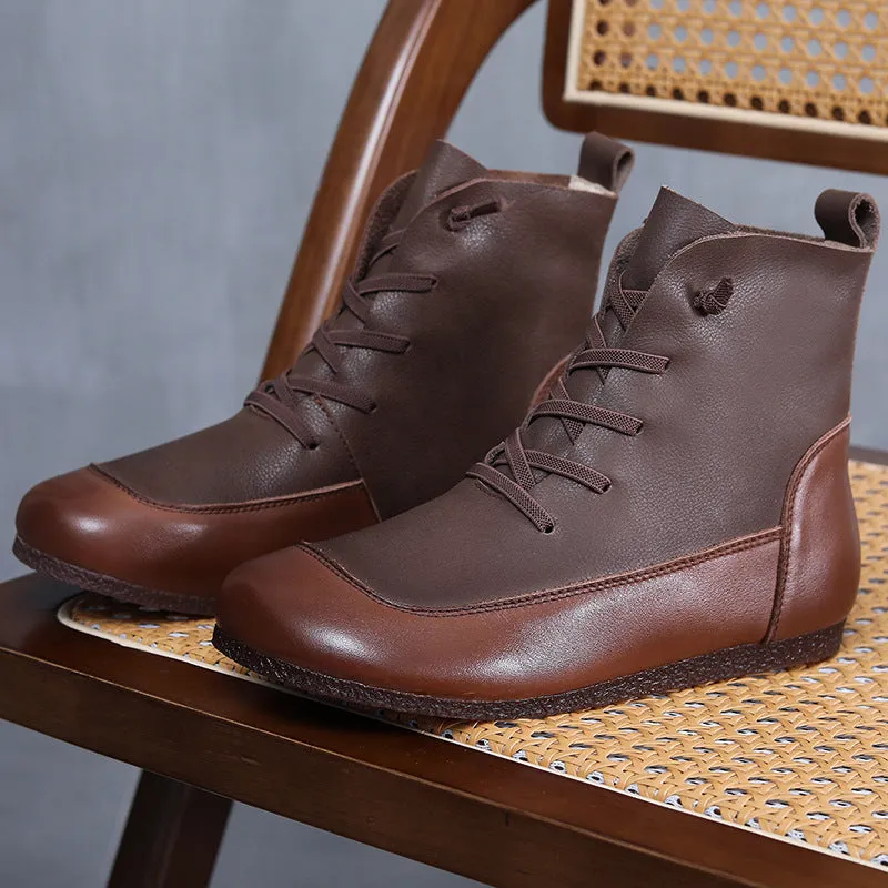 Womens Handmade Lace-up Retro Color Matching Leather Flat Boots