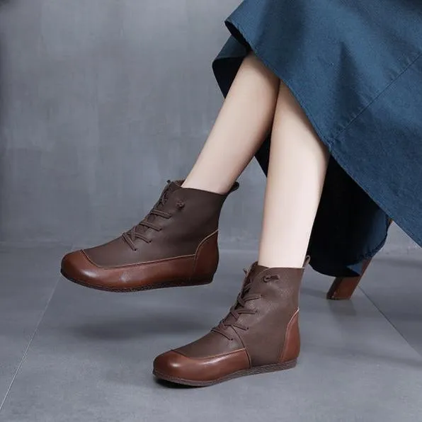 Womens Handmade Lace-up Retro Color Matching Leather Flat Boots