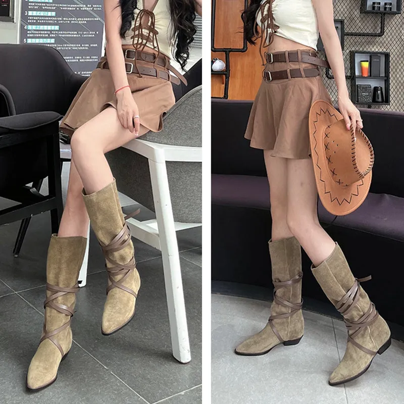 Womens Leather Mid Calf Western Boots In Black/Khaki/Brown/Tan - Slouchy Suede Boots Point Toe